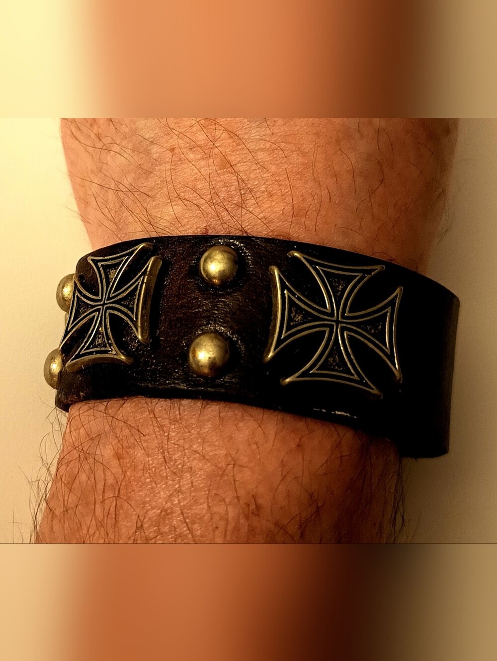 Vintage 70/80s Thick Leather Cuff Bracelet Iron Cross Studded Punk Goth Biker 9"